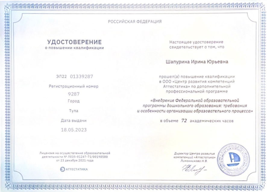 Шапурина Ирина Юрьевна: Мои сертификаты, свидетельства, дипломы