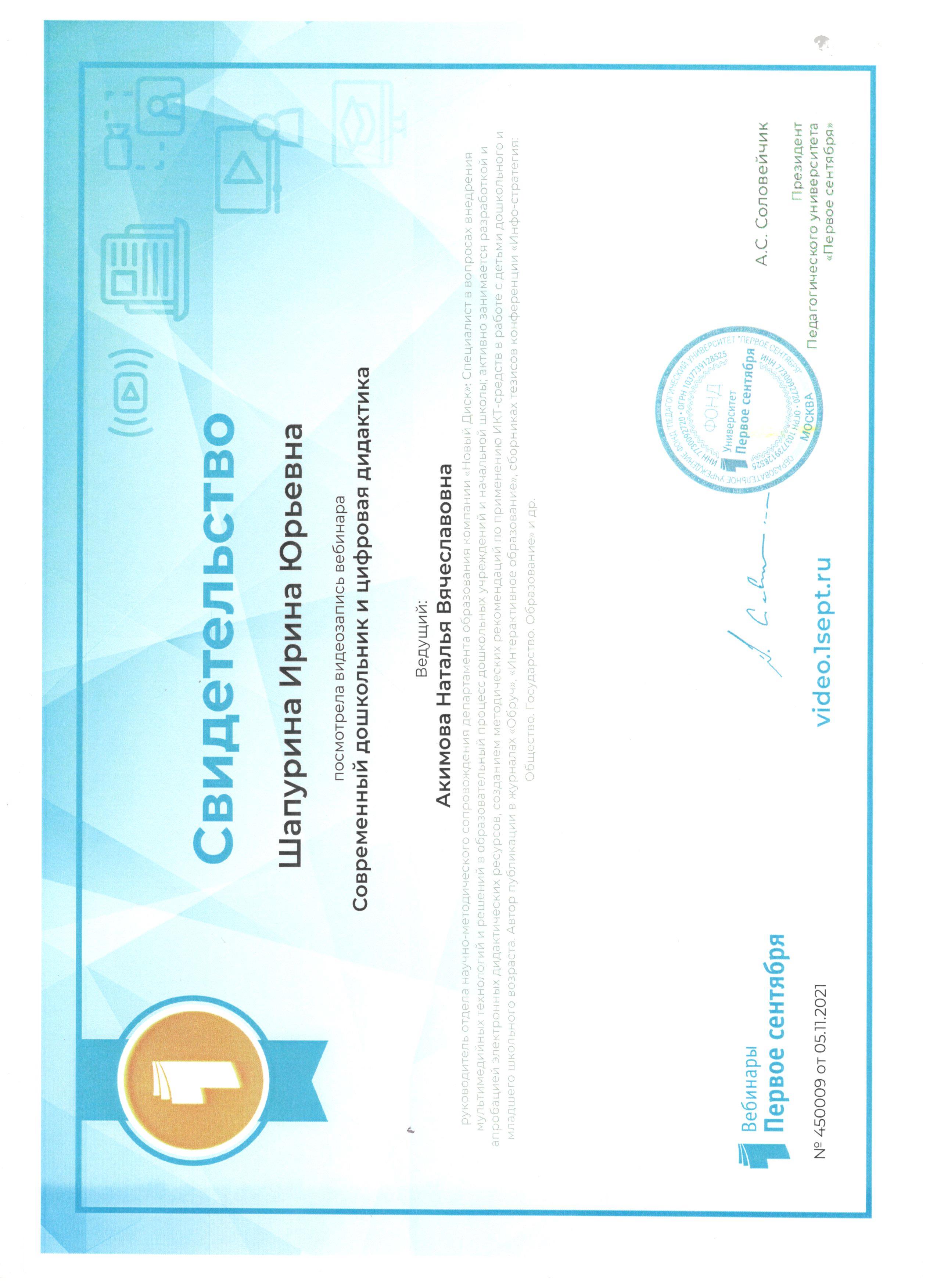 Шапурина Ирина Юрьевна: Мои сертификаты, свидетельства, дипломы