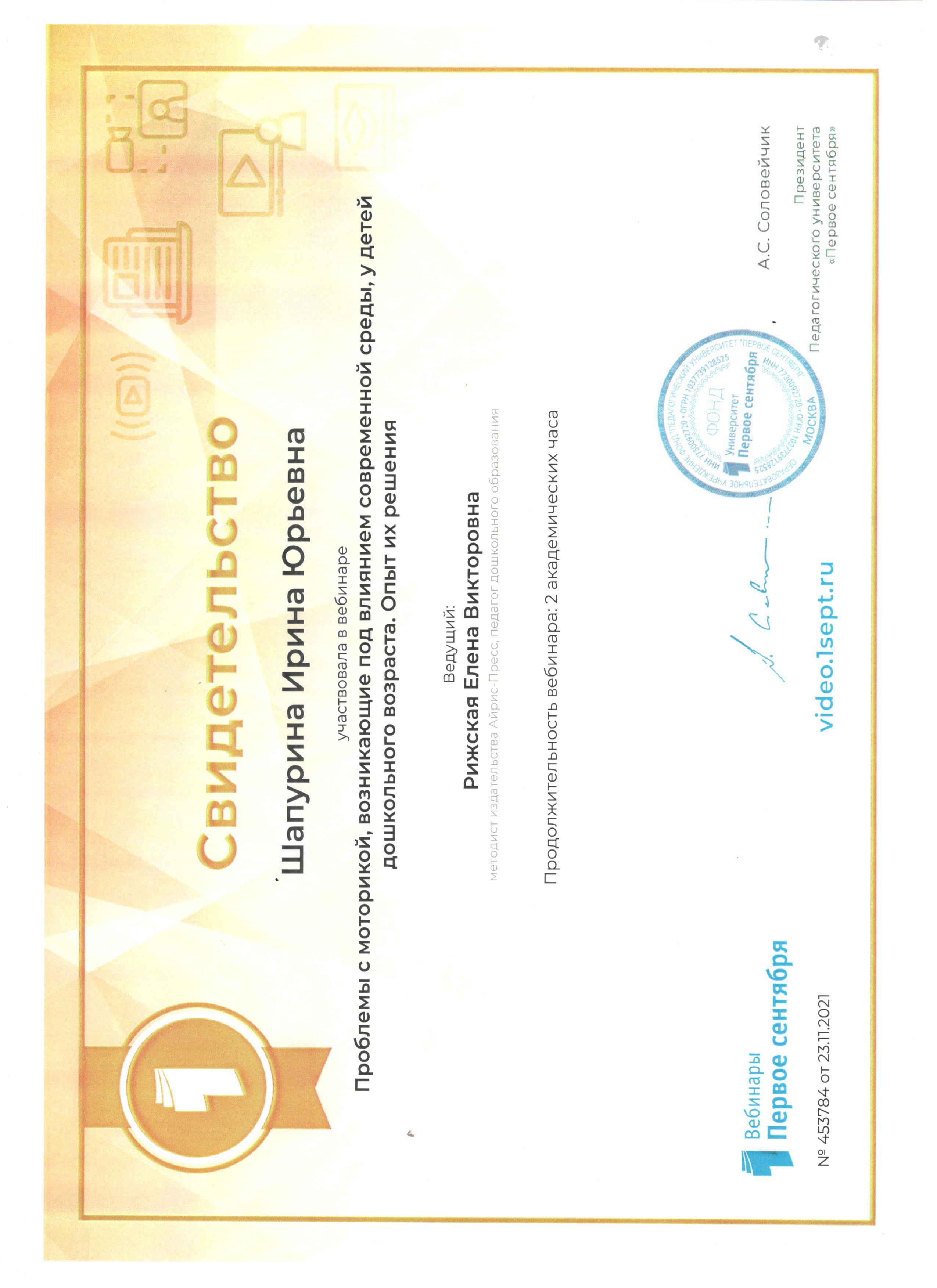 Шапурина Ирина Юрьевна: Мои сертификаты, свидетельства, дипломы