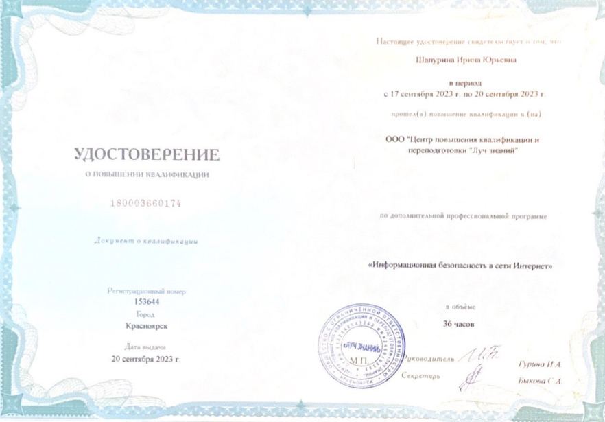 Шапурина Ирина Юрьевна: Мои сертификаты, свидетельства, дипломы