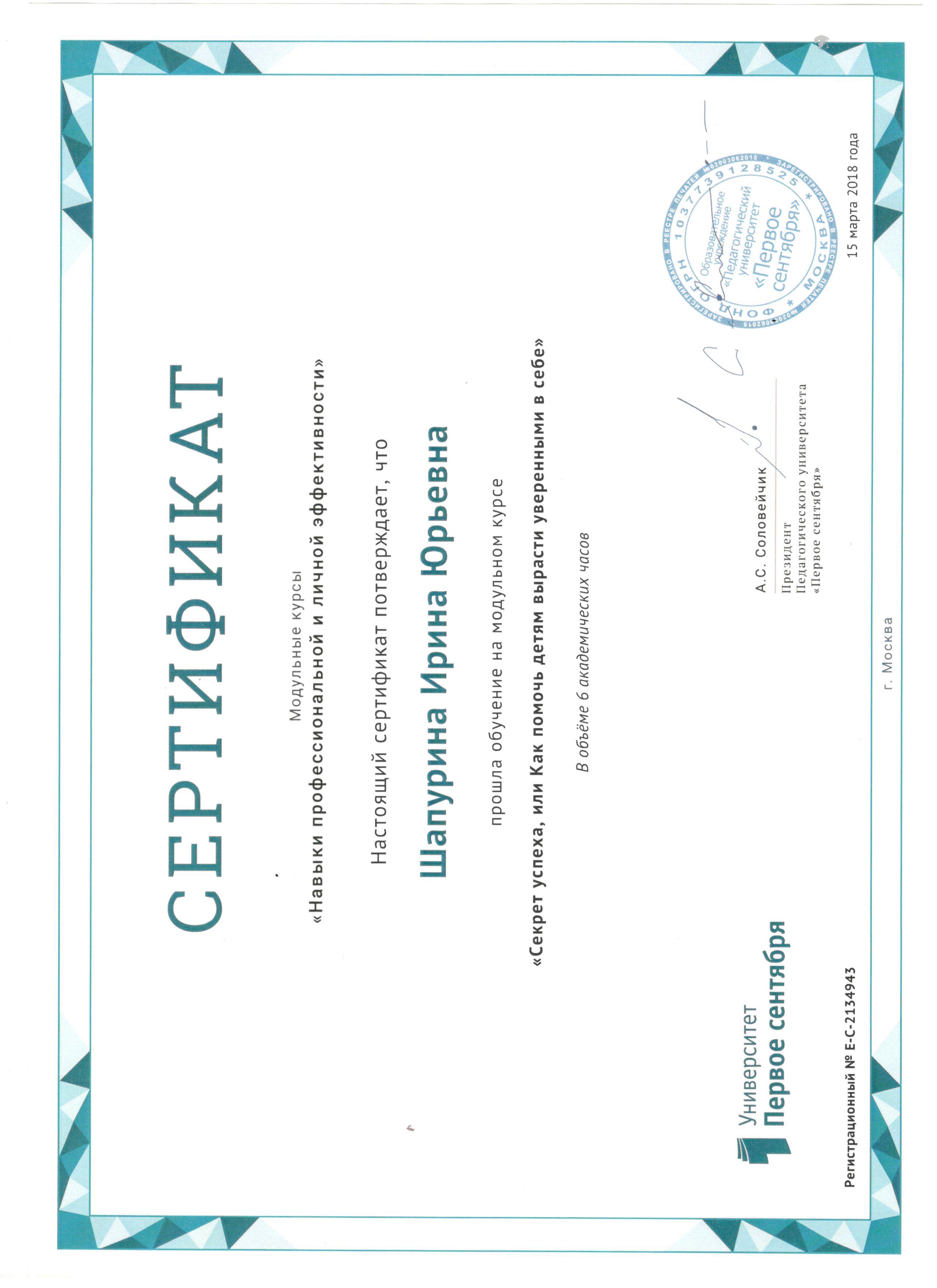 Шапурина Ирина Юрьевна: Мои сертификаты, свидетельства, дипломы